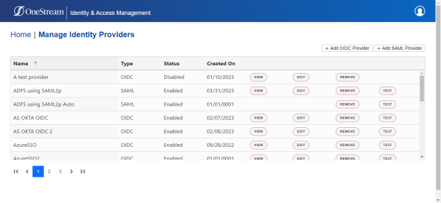 The Manage Identity Providers page has a grid with each identity provider listed in a separate row. Each row includes up to four buttons. Each button is a red oval with black text that is all capitalized for each of the four options: VIEW, EDIT, REMOVE, and TEST. There are two oval buttons in the top right corner above the grid with black text for the two options to add identity providers: + Add OIDC Provider and + Add SAML Provider.